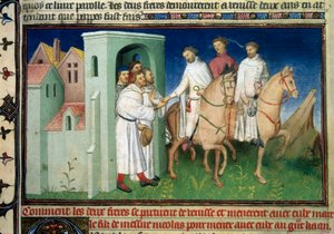 Matteo och Niccolo, bröderna Polo lämnar Venedig. Miniatyr hämtad från "" The Book of Wonders""" ("" Devisement of the World"", "" Il Milione") av Marco Polo (1254-1324) (Ms. 2810, Folio 4) upplyst av Mästaren på Mazarine, omkring 1410-1412. BN,