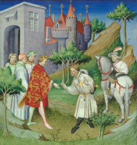Sir John Mandeville och kungen av England, frontispice från "Le Livre des Merveilles", Paris, ca. 1420 (manuskript)