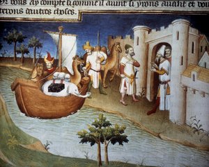 Bröderna Polo (inklusive Marco Polo) anländer till Ormuz från Indien i ett lastfartyg. Miniatyr i "" The Book of Wonders"" ("" Devisement du monde", "" Il Milione") (Ms. 2810, Folio 14v). Manuskript inskrivet av Mästaren av Mazarine
