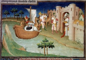 Bröderna Polo (inklusive Marco Polo) anländer till Ormuz från Indien i ett lastfartyg. Miniatyr i "" The Book of Wonders"" ("" Devisement du monde", "" Il Milione") (Ms. 2810, Folio 14v). Manuskript inskrivet av Mästaren av Mazarine