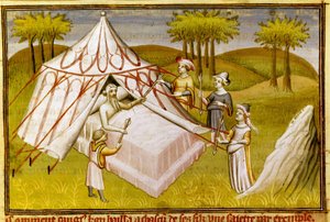 Den mongoliska ledaren Gengis Khan på sin dödsbädd och gav sina sista rekommendationer till sina söner, ca 1410 (miniatyr)