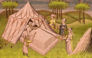 Den mongoliska ledaren Gengis Khan på sin dödsbädd och gav sina sista rekommendationer till sina söner, ca 1410 (miniatyr)