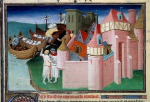 Lossning av bollar i staden Khambhat, Indien. Miniatyr i "" The Book of Wonders"" ("" Devisement du monde", "" Il Milione") Ms2810, Folio 86v. Manuskript inskrivet av Mästaren av Mazarine och skrivet av Marco Polo (1254-1324), ca. 1410-1412. BN, Par