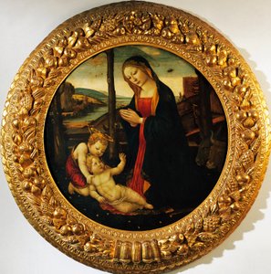 Madonna och barn med spädbarnet Saint John the Baptist, målning tillskriven mästaren av Tondo Miller (slutet av 1400-talet). av Master of the Miller Tondo (attr. to)