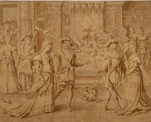 "Petit Patron" för den fullskaliga gobelängserien "January" (svart krita & brun tvätt med guld på papper) av Master of the Months of Lucas