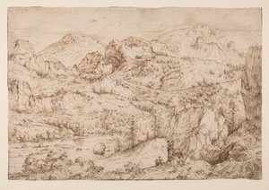 Landskap med en konstnär som skissar, ca 1606-08 (penna och bläck & svart krita på papper) av Master of the Mountain Landscapes