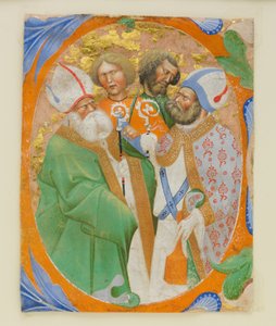 Manuskriptbelysning med fyra heliga i ett initialt O, från en körbok, 1440-50.