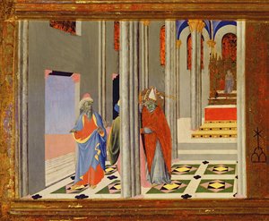 Den helige Ambrosius vägrar den romerske kejsaren Theodosius I den store tillträde till kyrkan i Milano, 1436 tempera på panel detalj av 741548