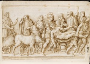 Verso: The Return of Meleager, från en romersk sarkofag, Palazzo Barberini, Rom, ca 1512-17 (penna och brunt bläck med brun tvätt) av Master of the Oxford Album