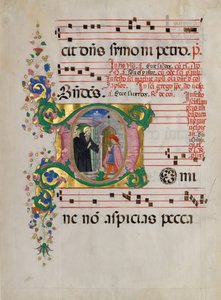 Manuskriptblad med Saint Benedict som återupplivar en pojke i ett initialt D, från ett antifonarium.