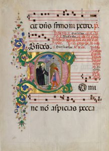 Manuskriptblad med Saint Benedict som återupplivar en pojke i en inledande D..., andra hälften av 1400-talet