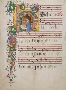 Manuskriptblad med födseln i ett initialt H, från en Antiphonary, italienska, andra halvan 15:e e.Kr.