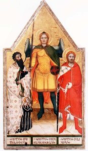 Ärkeängeln Mikael med St. Bartolomeus och St. Julianus (tempera på panel) av Master of the Rinuccini Chapel