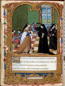 Margarita av Angoulema (1492-1549) Drottningen av Navarra presenterar sin bok till hertiginnan av Etampes och favoriten till Francois I Anne Pisseleu. Sidan hämtad från manuskriptet "" La coche ou Debat d