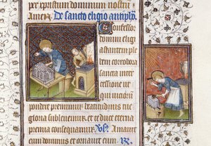 Ms 62 f.215r St Eligius gör en helgedom; St Eligius vid ett städ, ur en timbok