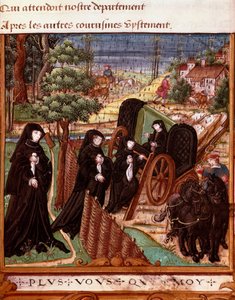 Representation av drottningen av Navarra Margarita av Angoulema (1492-1549) omgiven av hennes följeslagare som går ombord på en vagn för en promenad"" Sidan hämtad från manuskriptet "" La coche ou Debat d