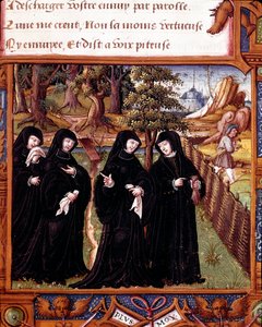 Representation av drottningen av Navarra Margarita av Angoulema (1492-1549) som pratar med sina kamrater. Sidan hämtad från manuskriptet "" La coche ou Debat d
