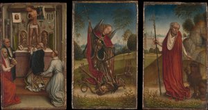 Sankt Mikael, Sankt Gregorius mässa, Sankt Hieronymus. av Master of the Saint Catherine Legend