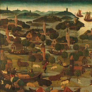 Översvämningen på Saint Elizabeths dag Exteriör av högra flygeln på en altartavla föreställande Saint Elisabeth-floden, 18-19 november 1421, med vallbrottet vid Wieldrecht av Master of the St Elizabeth Panels