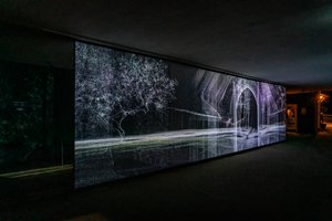 Echolocation, 2021 (3-kanals videoprojektion på polypropylenväv) av Mat Collishaw