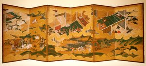 Tales Of Genji, c.1650 (bläck, färg och bladguld på papper, sexfaldig skärm) av Matabei Iwasa