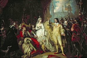 Thomas Howard, earl av Surrey, försvarar sin trohet mot Richard III inför Henrik VII efter slaget vid Bosworth, 1797.