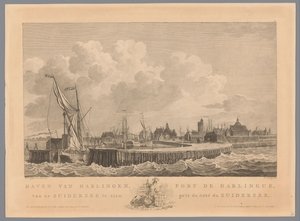 Harlingens hamn Hamnen i Harlingen från Zuiderzee att se / Port de Harlingue, pris de coté du Zuiderzee (titel på objektet) av Mathias de Sallieth