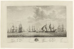 Holländsk krigsflotta utanför Rammekens, 1782-1783 Utsikt över landets krigsfartyg, under befäl av konteramiralen van Kruyne, på Rammekens väggård i den Jaare 1782 och 1783 (titel på objektet)