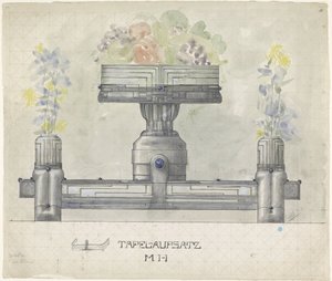 Design för ett silverbord i mittpunkten, dekorerad med blommor och frukt av Mathieu Lauweriks
