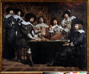 Amatörmöten eller akademiåterförening av konstnärer och intellektuella. Målning av Mathieu Le Nain (Lenain) (1607-1677) 1600-talet sön. 1,16x1,46 m Paris musee du Louvren