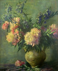 Rosa pioner (olja på duk) av Matilde Browne