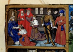 Scener ur Karl den Stores liv (742-814) Frankernas kung: kröningen av påven Leon III. Miniatyr hämtad från manuskriptet "Speculum historiale"" (Le Mirror historial) av Vincent de Beauvais (1184/94-1264) upplyst av mästaren Francois (15)