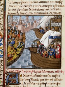 Sjunde korståget: Kung Saint Louis (1214-1270) och övergångarna som belägrade Damietta i juni 1249 i Nedre Egypten. Miniatyr hämtad från manuskriptet "Speculum historiale"" (Le Mirror historial) av Vincent de Beauvais (1184/94-1264) upplyst av Mästaren av Maître François