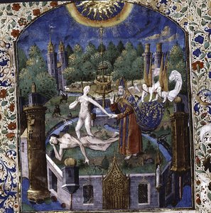 Skapandet av Eva från den sovande Adams kropp Från De cleres et nobles femmes av Giovanni Boccaccio, 1450-1475