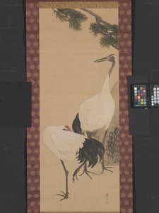 Tranor, bambu och tall, Edo-period (bläck & vattenhaltiga färger på siden)