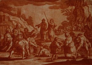 Israeliterna samlar manna, illustration ur en bibel, graverad av Gabriel Bodeneer (1673-1766) (sepia gravyr) av Mattaus II (after) Merian