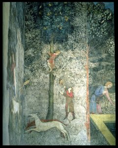Jakthundar och män som klättrar i ett träd, detalj av det dekorativa schemat från La Chambre du Cerf Stag Room 1347 fresco