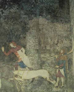 Män som jagar med hundar, detalj av dekorativt schema från La Chambre du Cerf Stag Room 1347 fresk
