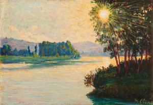 Uppgående sol på floden (olja på panel) av Matteo Pietro Olivero