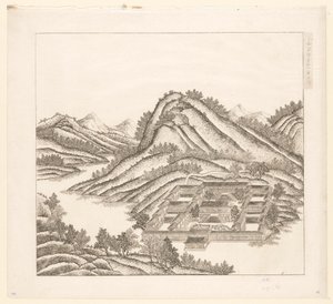 Vy över en del av det kejserliga sommarpalatset i Chengde (Jehol) i Kina