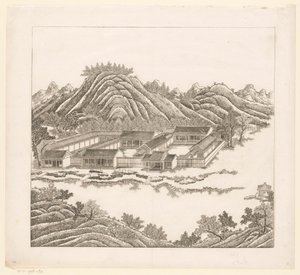 Vy över en del av det kejserliga sommarpalatset i Chengde (Jehol) i Kina