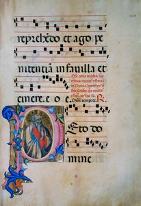Upplyst initial med figuren av den helige Mikaels ärkeängel som besegrar demonerna (Corale 5, ca 105v), för körbok 5 av Santa Maria degli Angeli av Matteo di Filippo Torelli