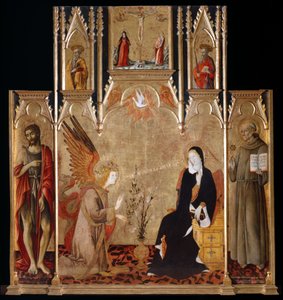 Budbäring med de heliga Johannes Döparen, Bernardine av Siena; korsfästelse, de heliga Petrus och Paulus