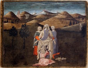 Legenden om Romulus och Remus: Rhea Silvias födelse. Målning av Matteo di Giovanni (1430-1495), detempe på trä, 27,9 x 35,7 cm. Italiensk konst 1400-talet. Musee des Beaux Arts de Libourne.