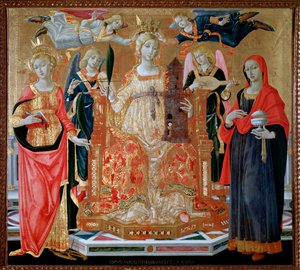 St Barbara på tronen, Saint Mary Magdalene, Saint Catherine of Alexandria - olja på panel