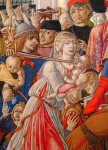 The Massacre of the Innocents, detalj av en soldat som genomborrar en baby med sitt svärd, 1482 tempera på paneldetalj av 106233