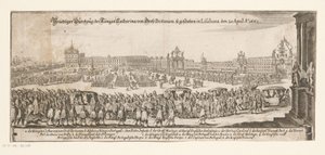 Catherines avgång från Braganza till England den 20 april 1662 Prächtiger Durchzug der Königin Catharina von Gross Britanien, så publicerad i Lissabon den 20 april Ao. 1662 (titel på objekt) Giftermål mellan Katarina av Bragança och den engelske kungen Kar av Matthäus Merian (II)