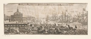 Flottans avgång med Catherine från Bragança till England, 20 april 1662 Abbildung wie die Königin Catharina von Gross Britanien zu Schiff von Lisabona nacher reser till England. Anno 1662 (titel på objekt) Giftermål med Katarina av Bragança och En av Matthäus Merian (II)