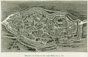 Mulhouse flyger 1642. Gravyr av Matthaus Merian (1593-1650) för att illustrera berättelsen A Through Alsace and Lorraine, av Charles Grad, tysk deputerad, 1885, i tour du monde 1886, regisserad av Edouard Charton (1807-1890) , Hachette, Paris. av Matthaus the Elder (after) Merian