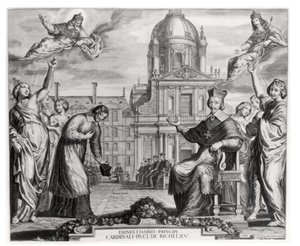 Robert de Sorbon (1201-94) och kardinal Richelieu (1575-1642) framför Sorbonne, graverade av Gregoire Huret (1606-70) 1639